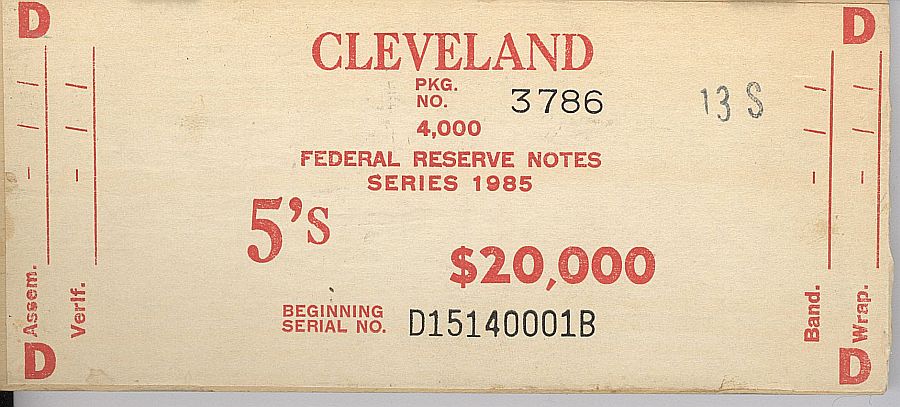 Fr.1975-D, BEP $20,000 Brick Packaging Label, 1985 Cleveland $5 FRNs, D-B Block